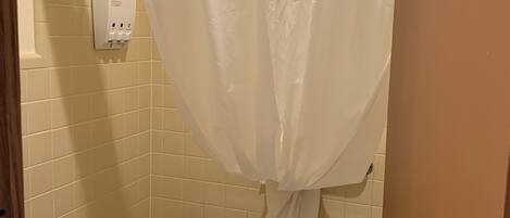 A bathroom with a bathtub, toilet, and a shower curtain.