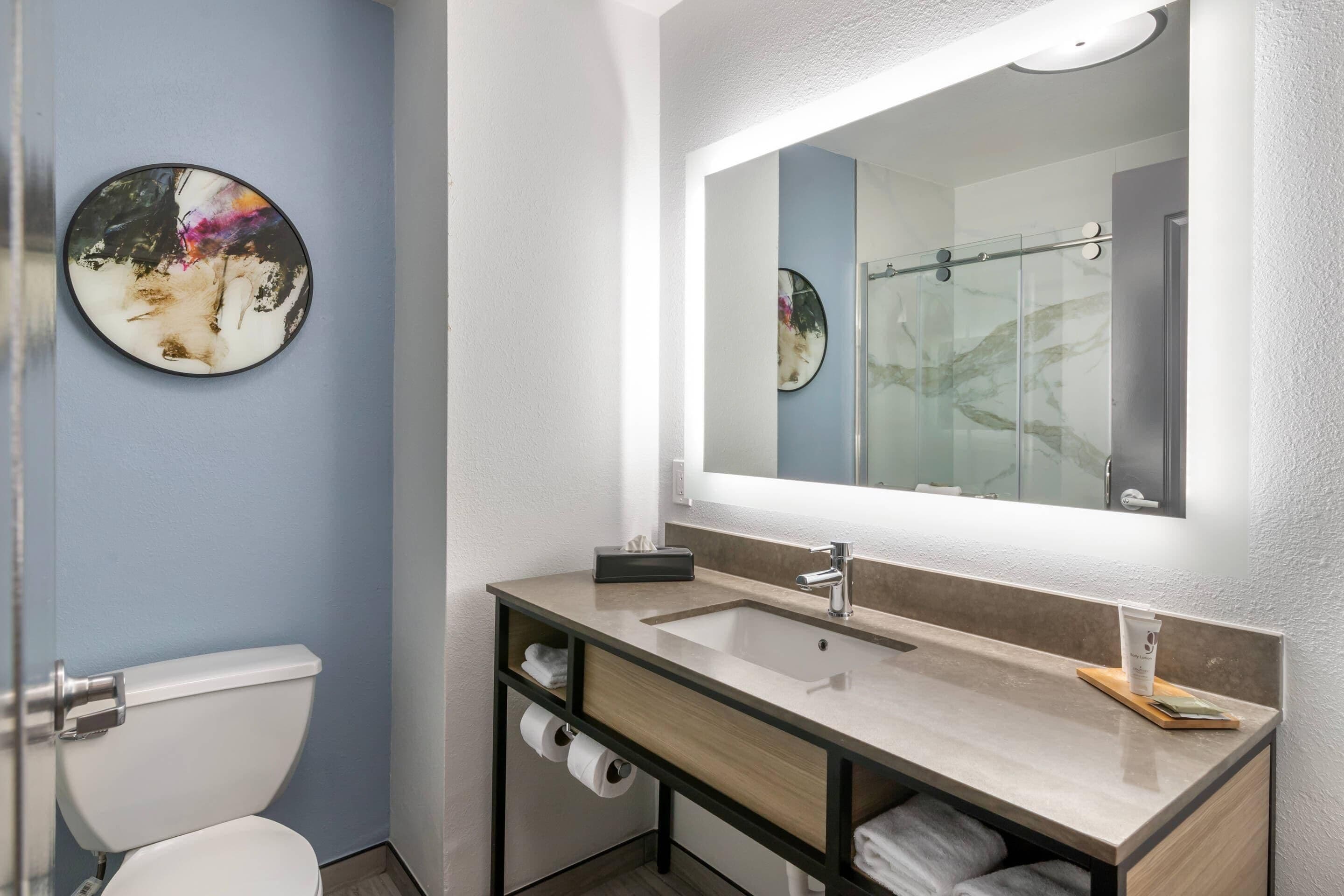 Une salle de bain moderne avec des toilettes, un lavabo et un miroir.