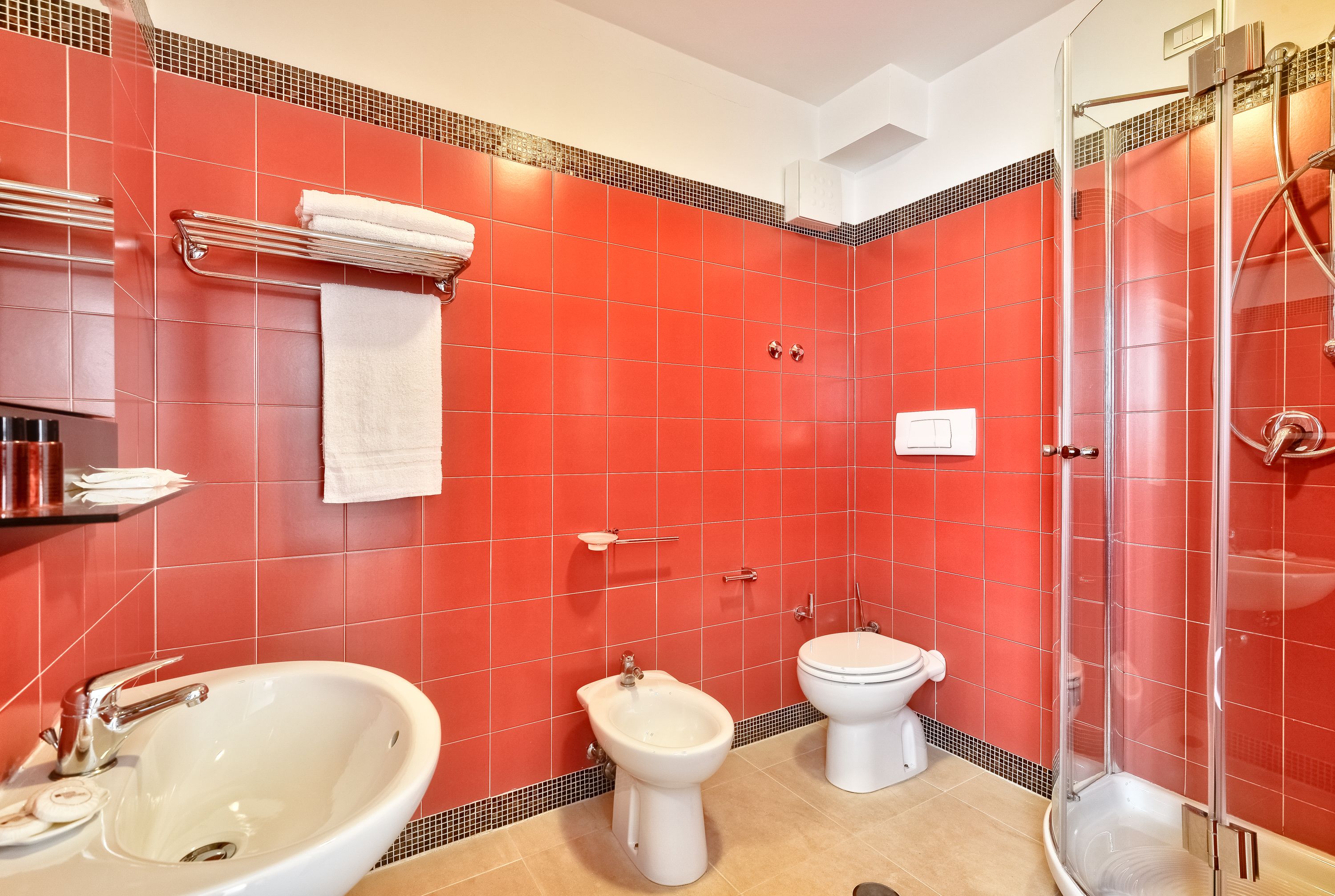 free toiletries, hair dryer, bidet, towels