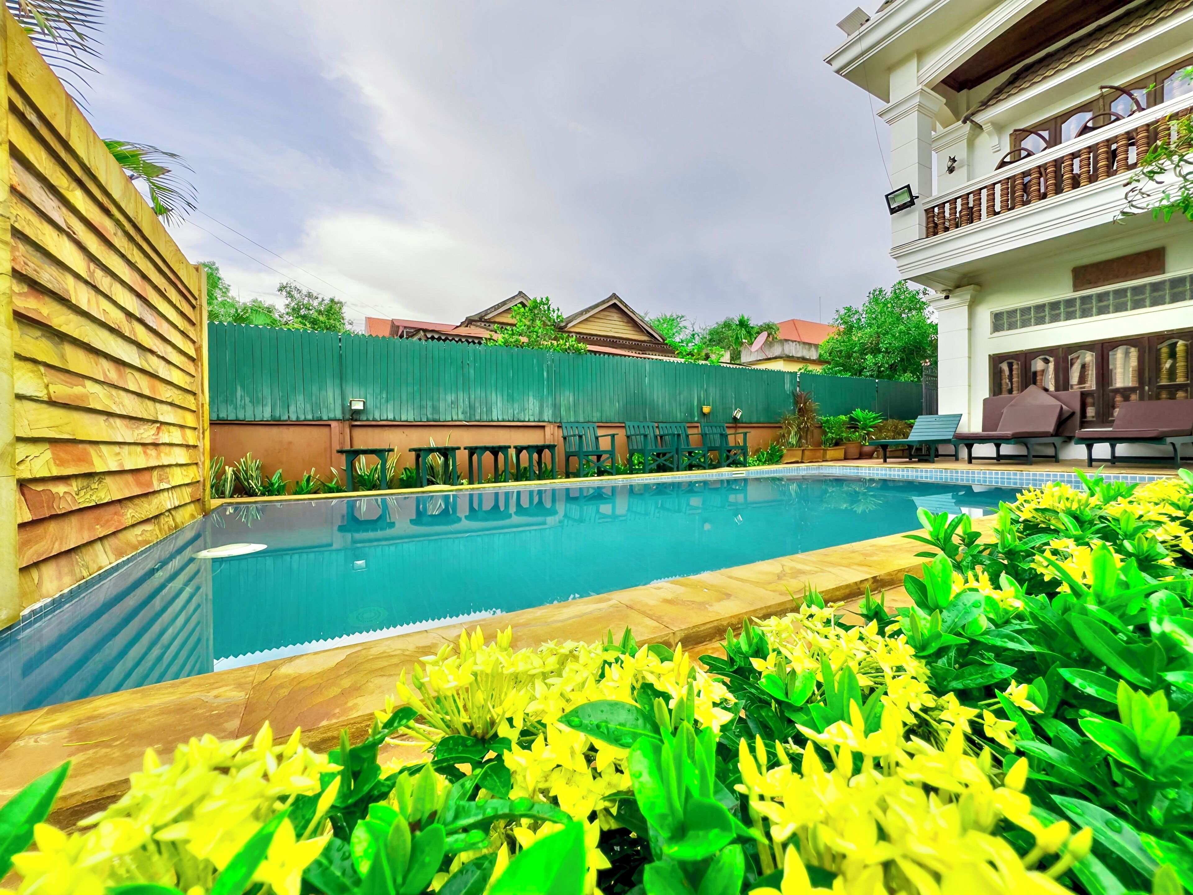A swimming pool with a wooden deck, surrounded by green plants and a green fence.