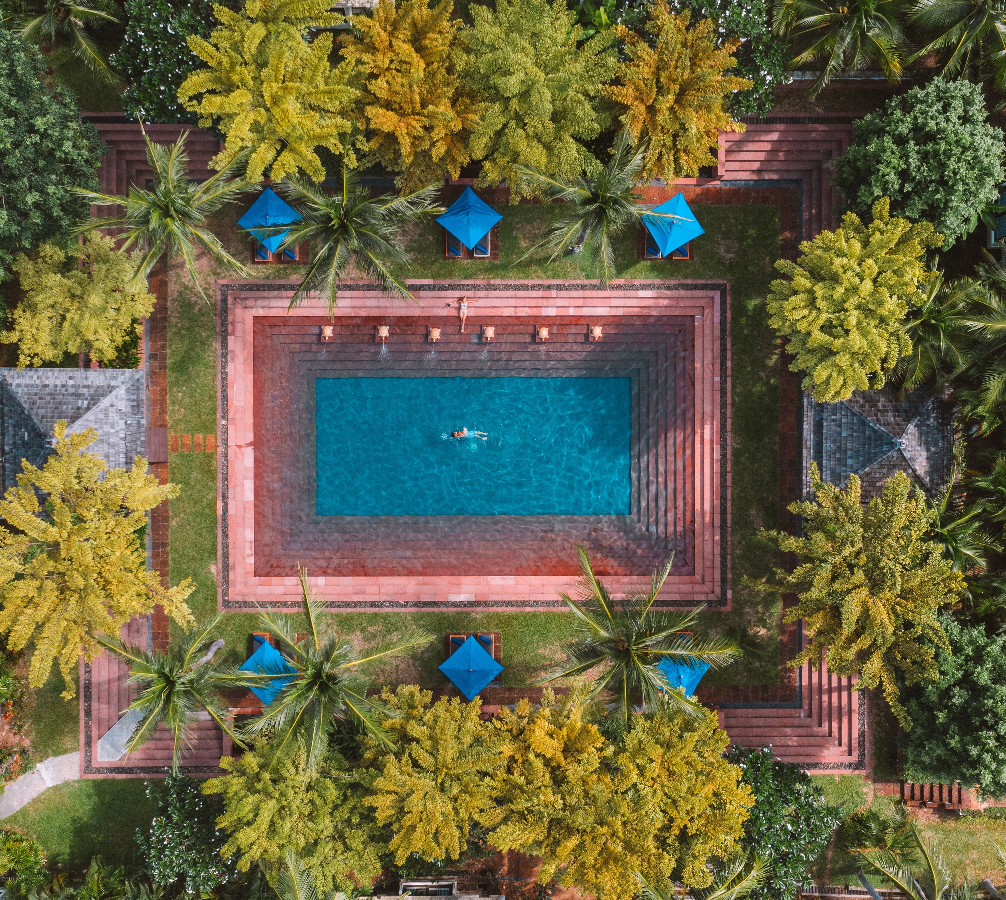 An aerial view of a rectangular swimming pool surrounded by palm trees and blue umbrellas, with a brick pathway leading to the pool.