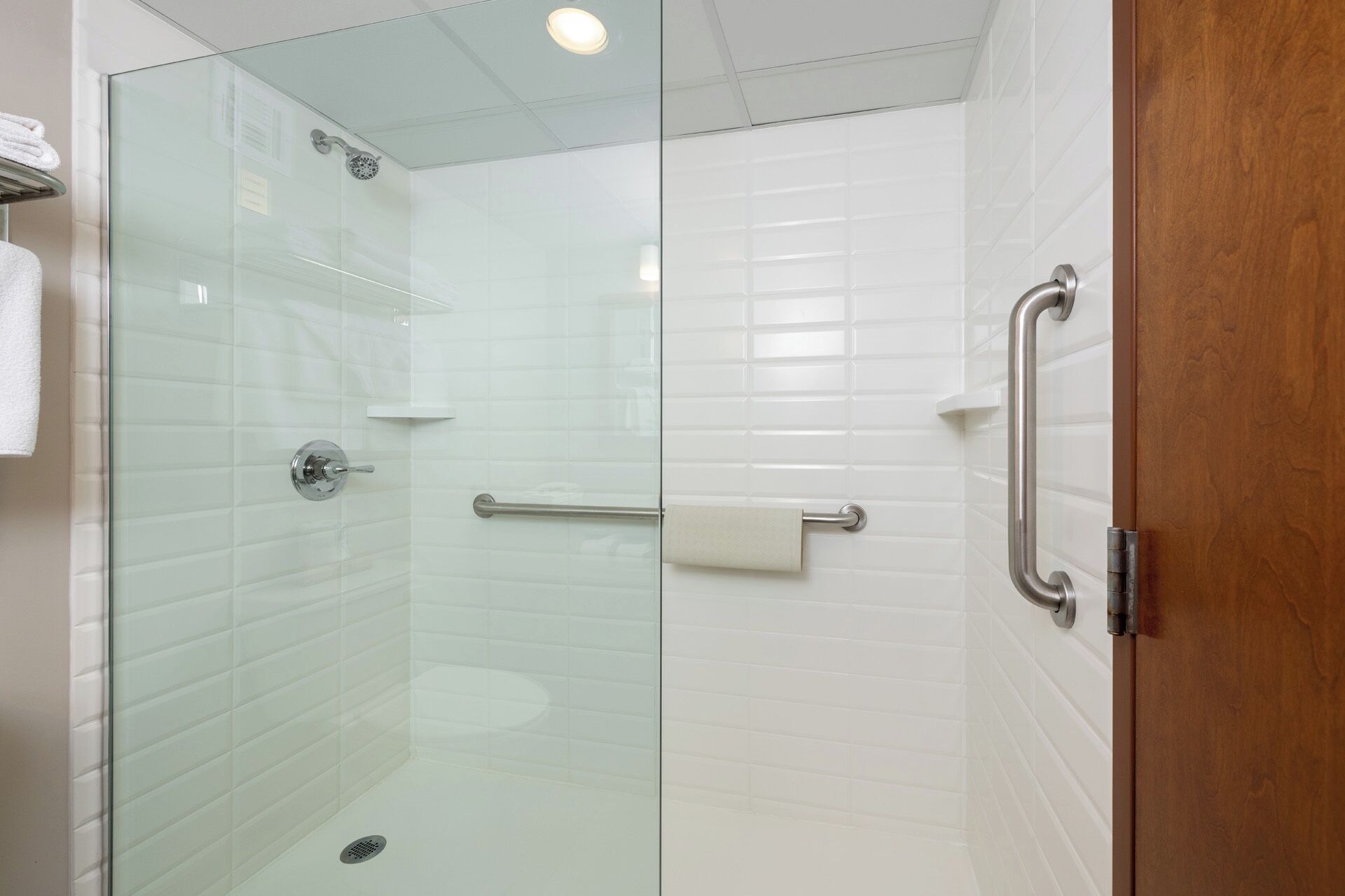 A glass-enclosed shower with a handrail, a towel rack, and a wooden door.