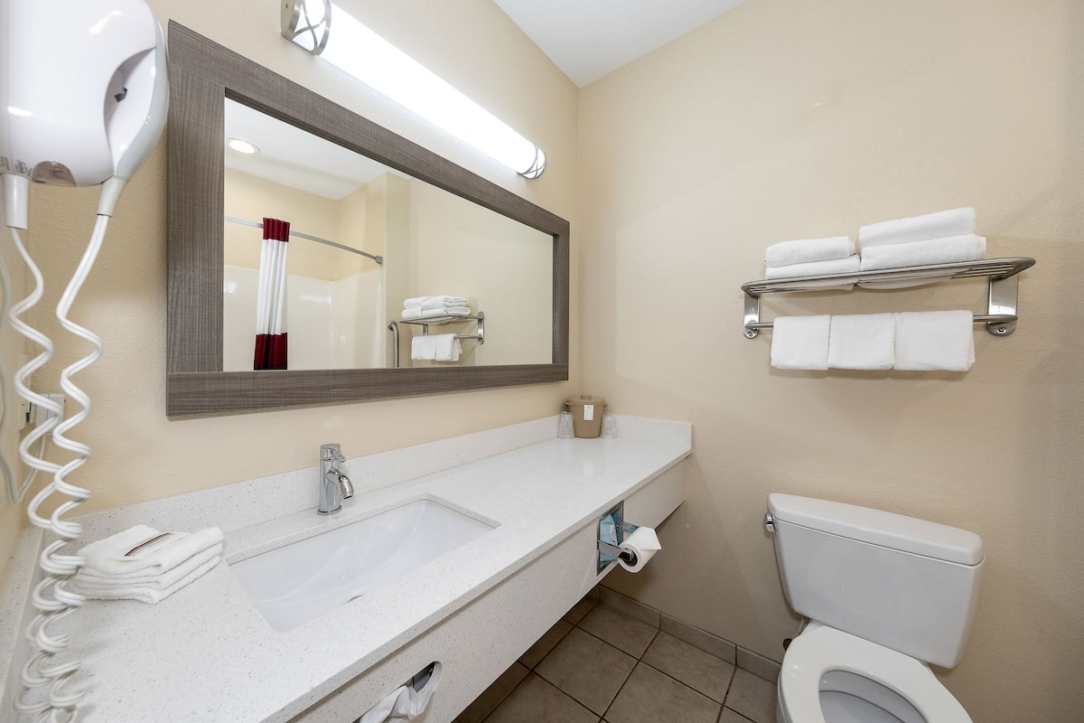 combined shower/bathtub, free toiletries, hair dryer, towels