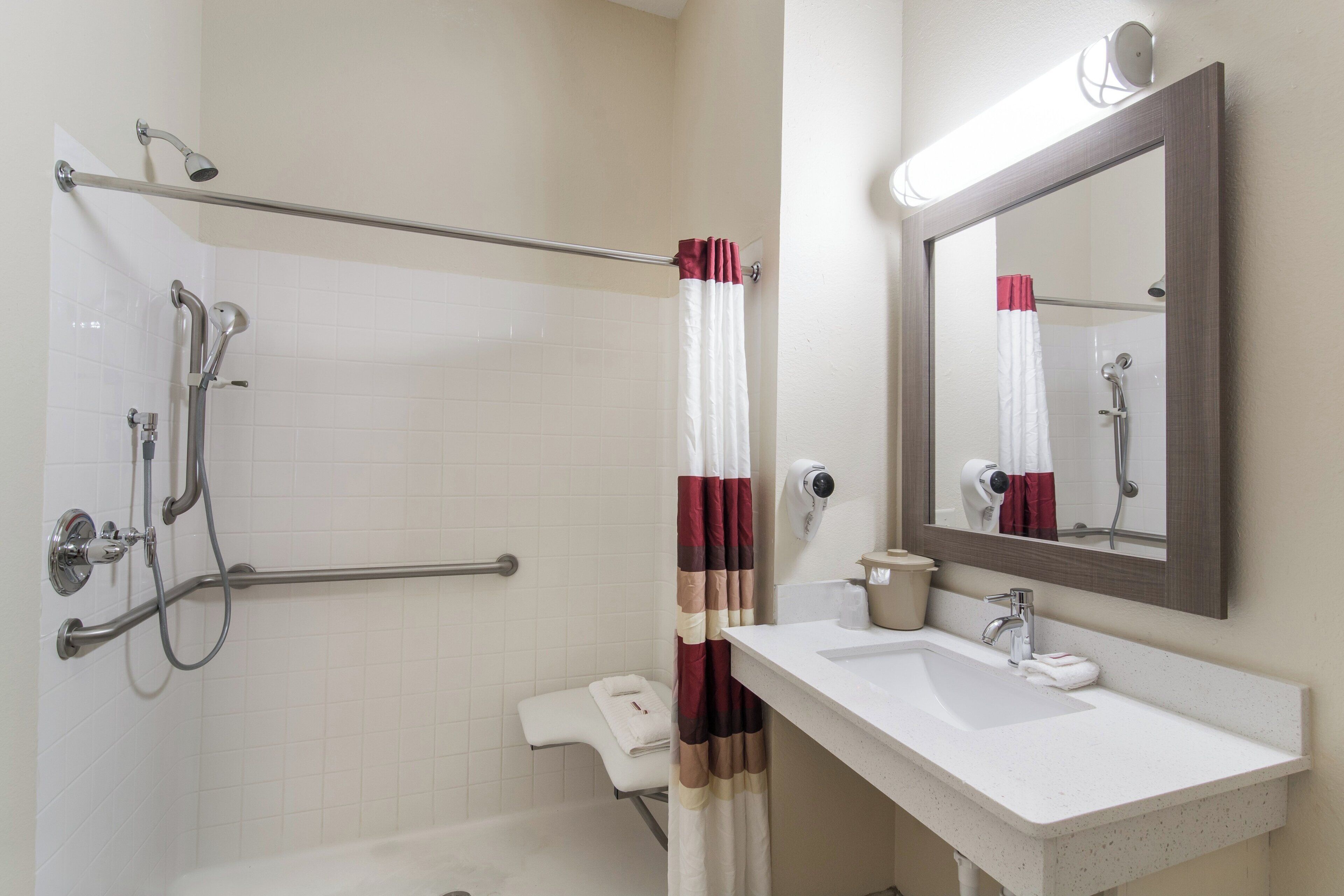 A bathroom with a shower, a toilet, a sink, and a mirror.