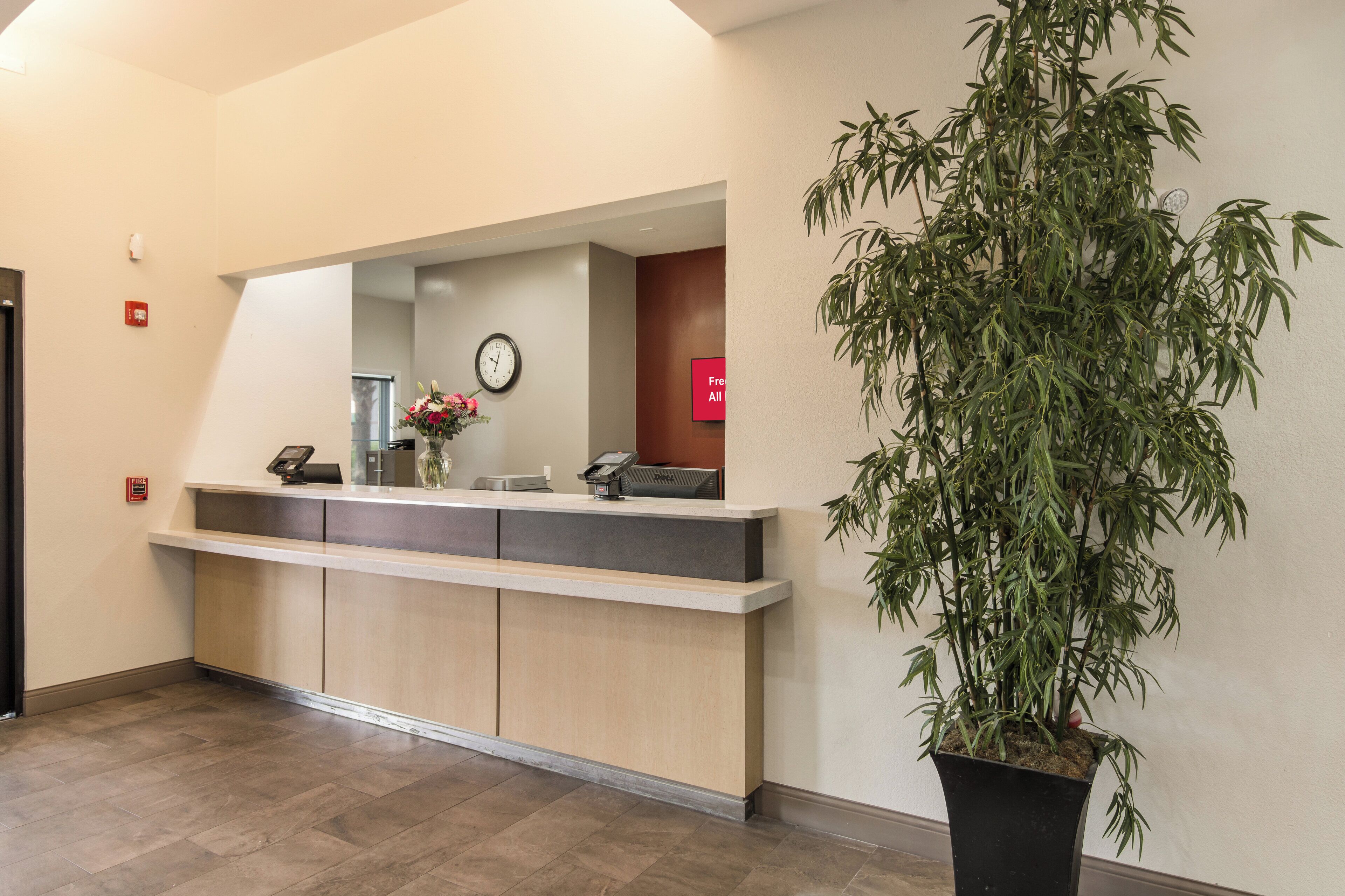 A reception desk with a clock, a fire alarm, and a potted plant.