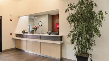A reception desk with a clock, a fire alarm, and a potted plant.