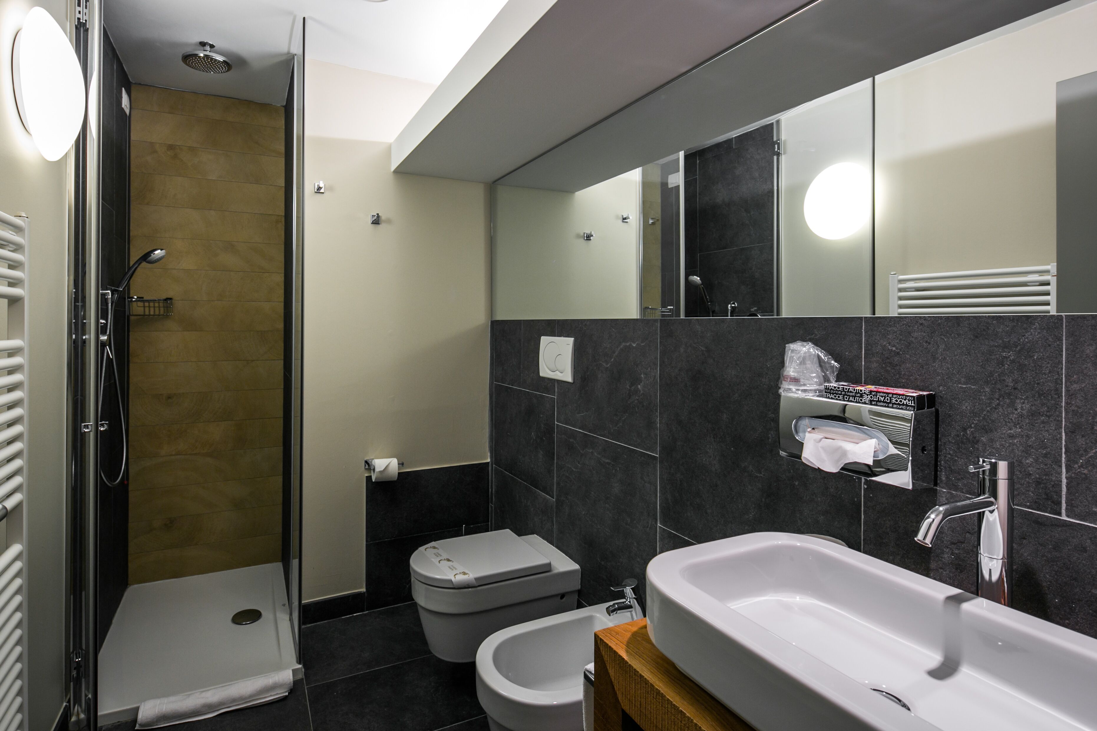 A modern bathroom with a shower, toilet, bidet, and a large sink.