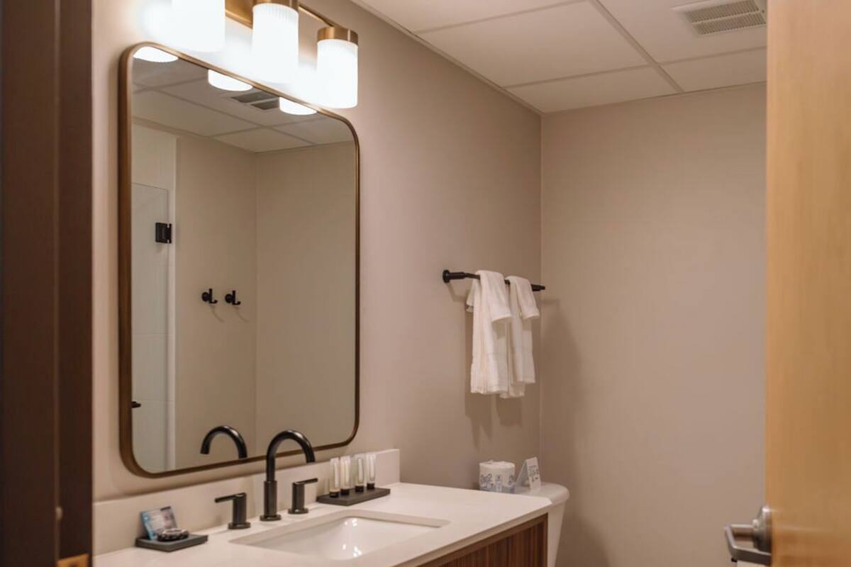 A modern bathroom with a double sink vanity, a large mirror, and a toilet.