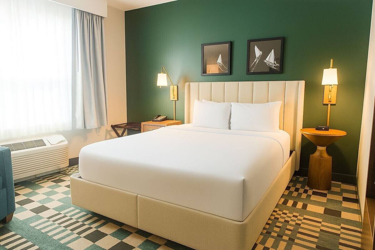 A hotel room with a large bed, two bedside lamps, a small table, a chair, and a window with curtains.