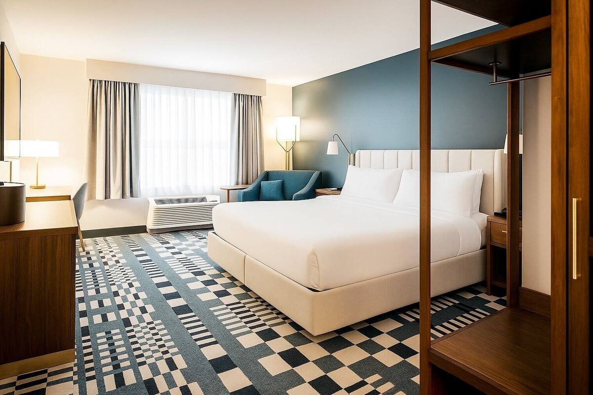 A hotel room with a large bed, a desk, a chair, a wardrobe, and a patterned rug.