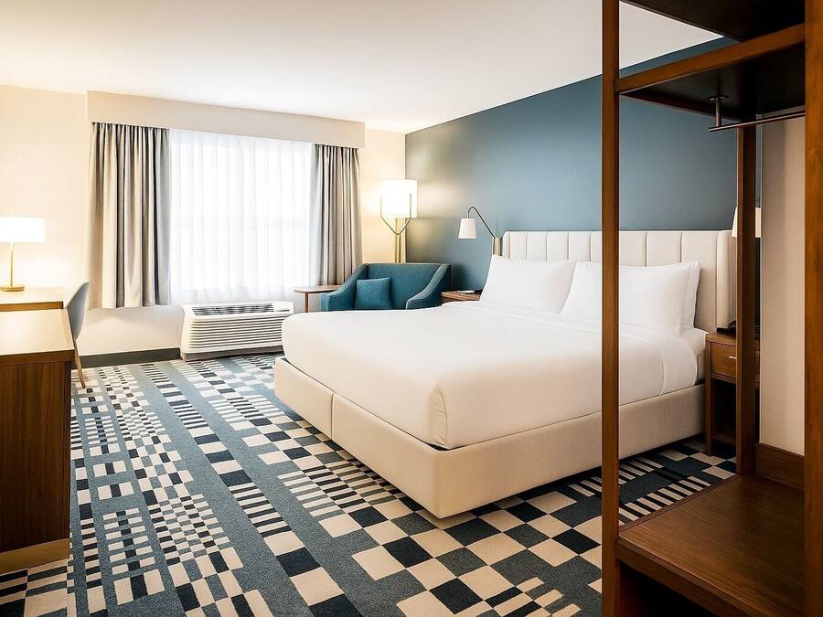 A hotel room with a large bed, a desk, a chair, a wardrobe, and a patterned rug.