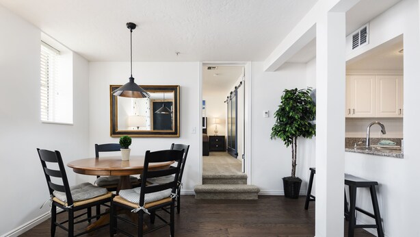 Un coin repas avec une table ronde, des chaises, un luminaire suspendu et une plante en pot.