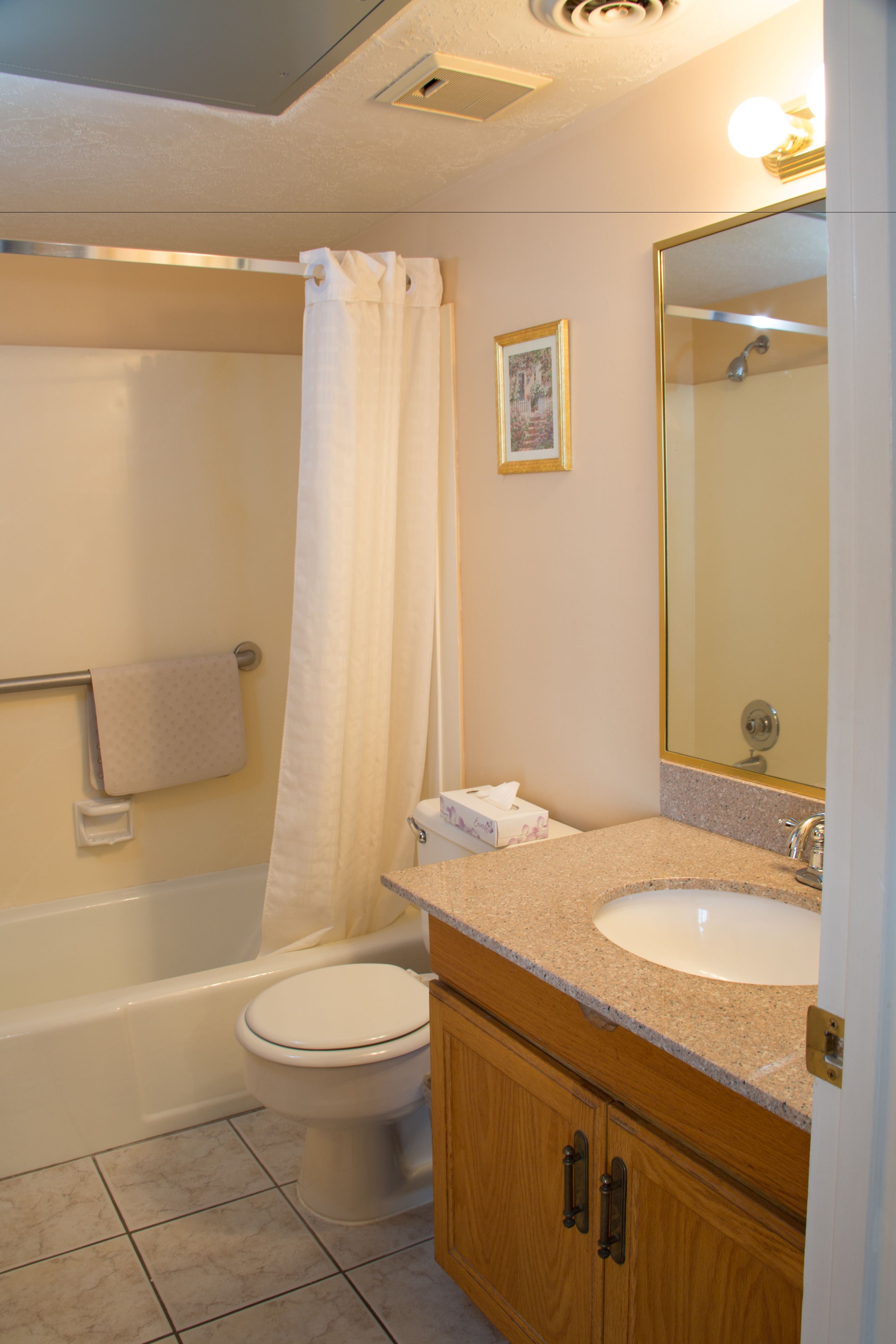 Une salle de bain avec une baignoire, des toilettes, un lavabo et un miroir.