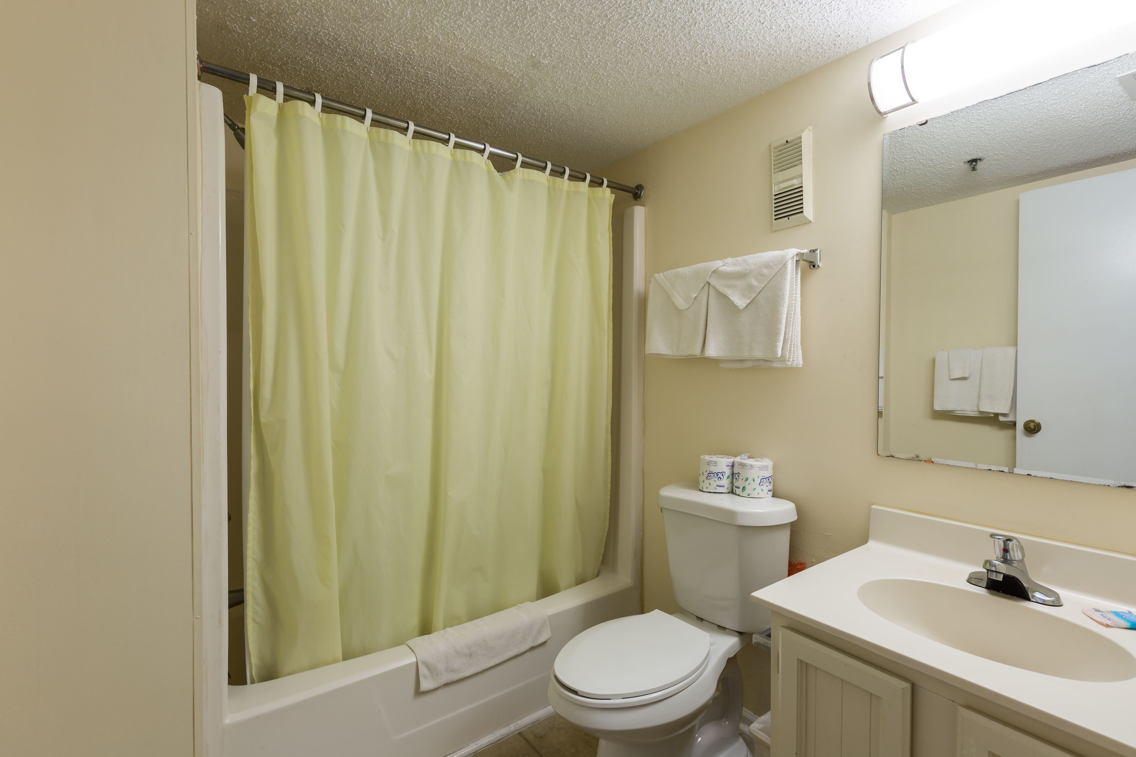 Een badkamer met douchegordijn, toilet, wastafel en spiegel.