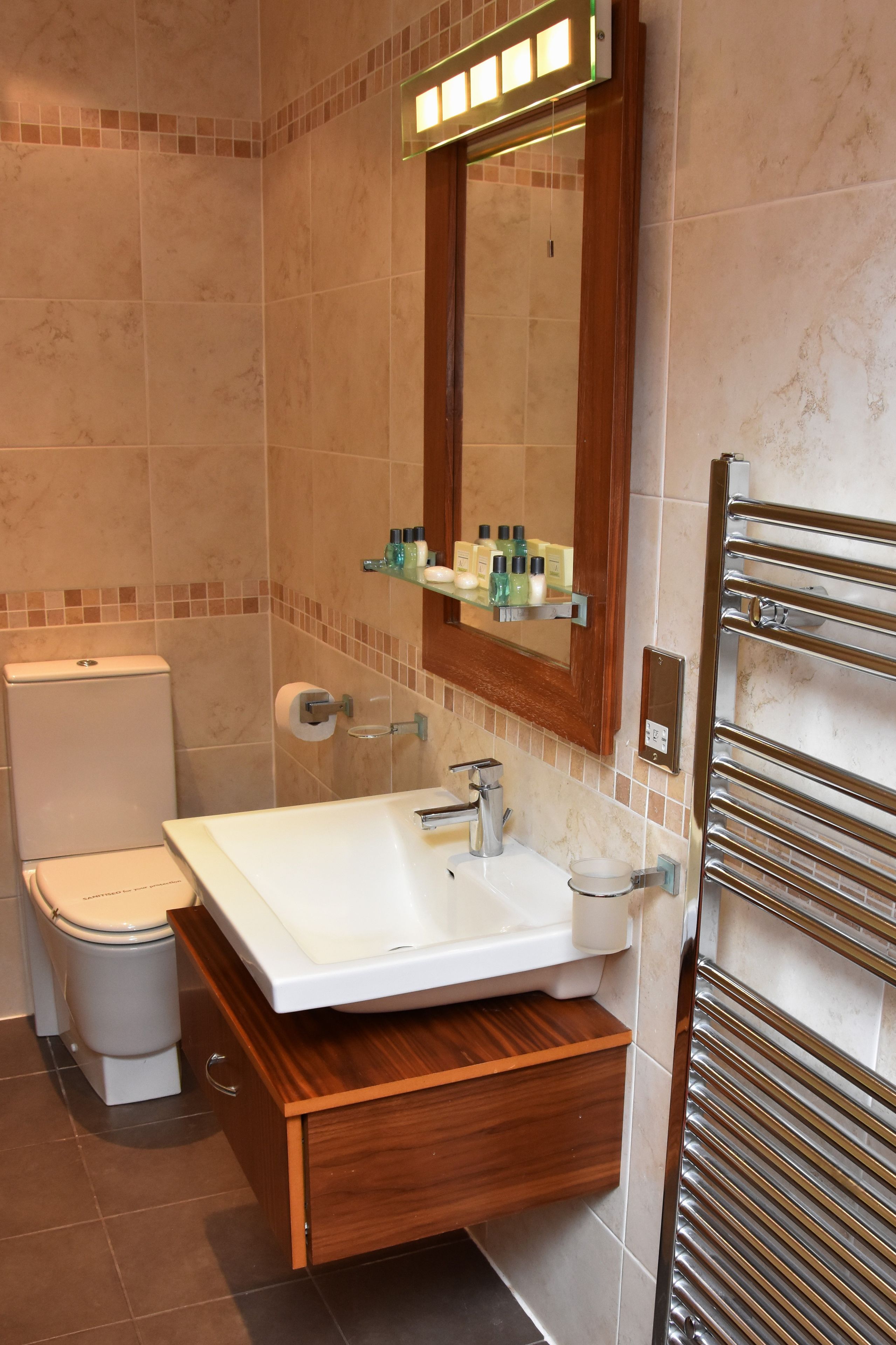 combined shower/bathtub, free toiletries, hair dryer, towels