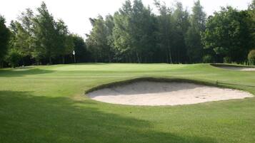 A well-maintained golf course with a sand bunker, surrounded by dense trees.