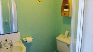 A bathroom with a toilet, sink, and a small shelf above the toilet.