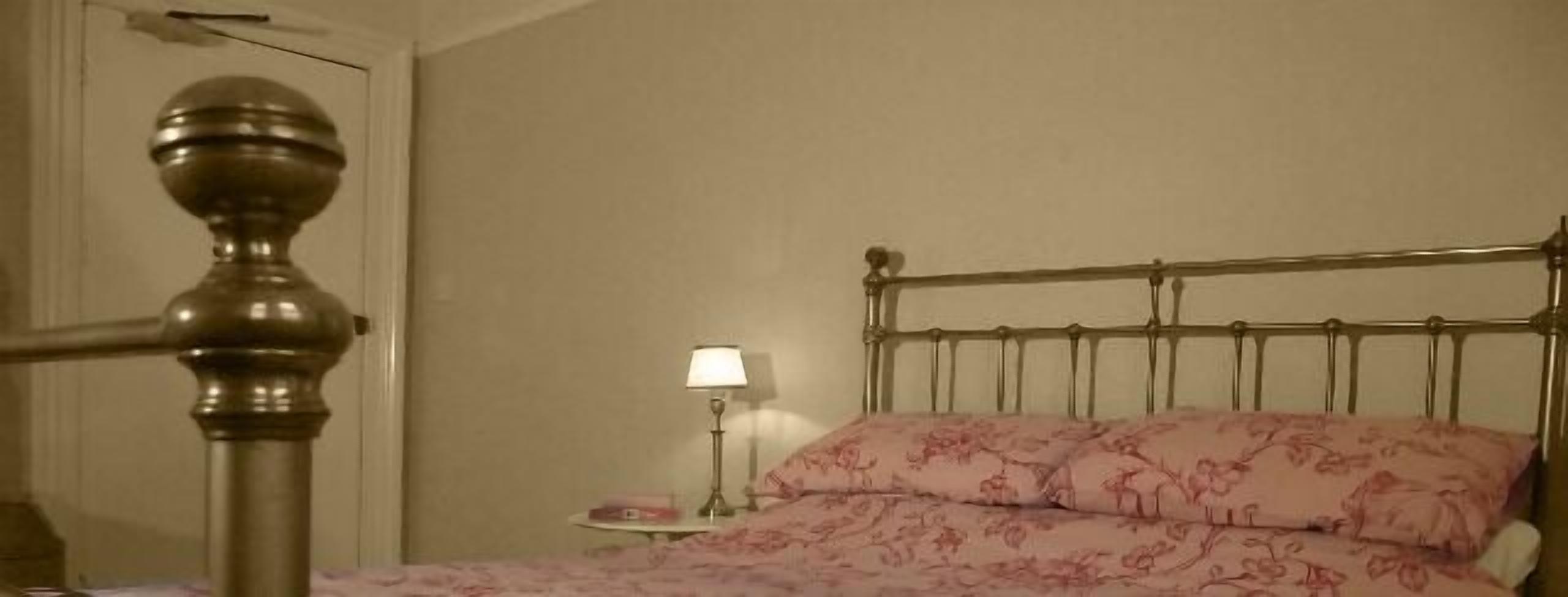 Un dormitorio con estructura metálica para la cama, una mesita de noche con lámpara y una colcha floral rosa.