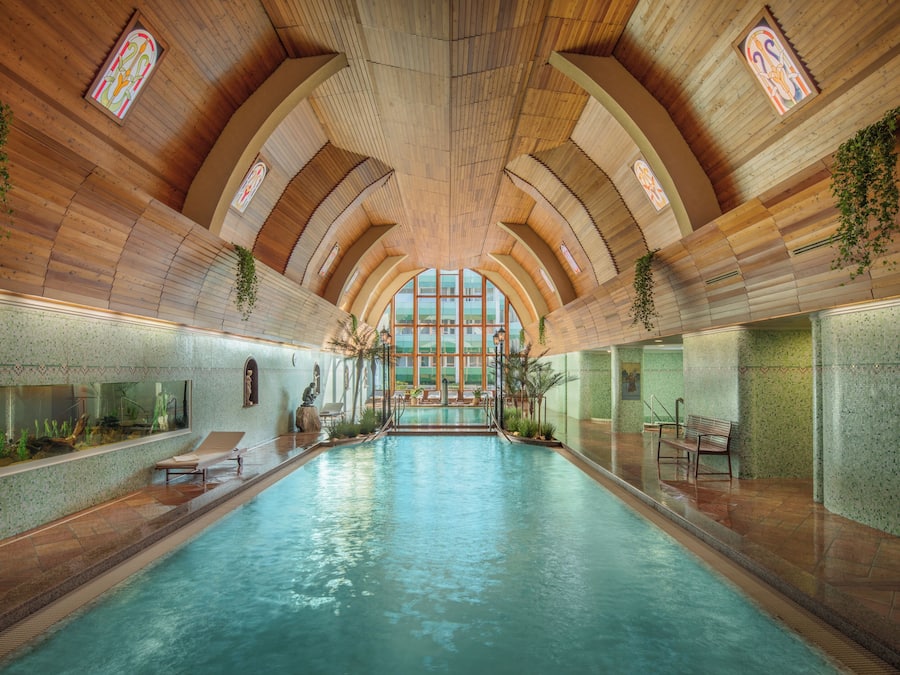 Indoor pool, outdoor pool, pool umbrellas, sun loungers