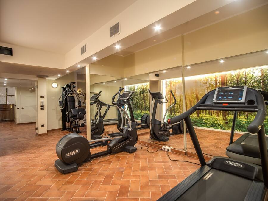Ett gym med löpband, crosstrainers och en roddmaskin, utrustat med en stor spegel och utsikt över träd genom glasväggen.