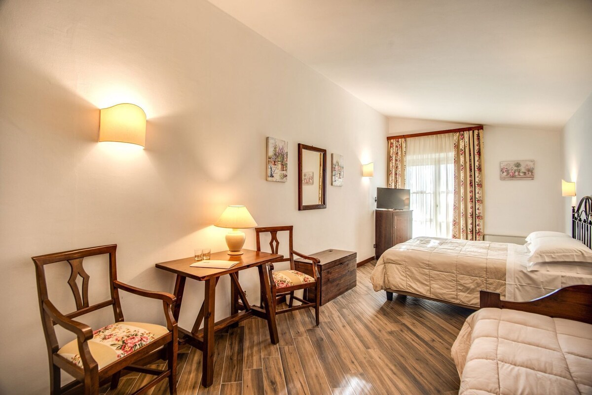 A hotel room with a bed, a desk with a lamp, two chairs, a television, and a window with curtains.