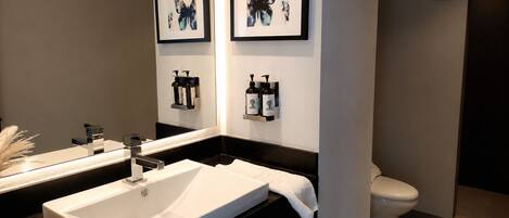 A modern bathroom with a double sink, a toilet, and framed artwork on the wall.