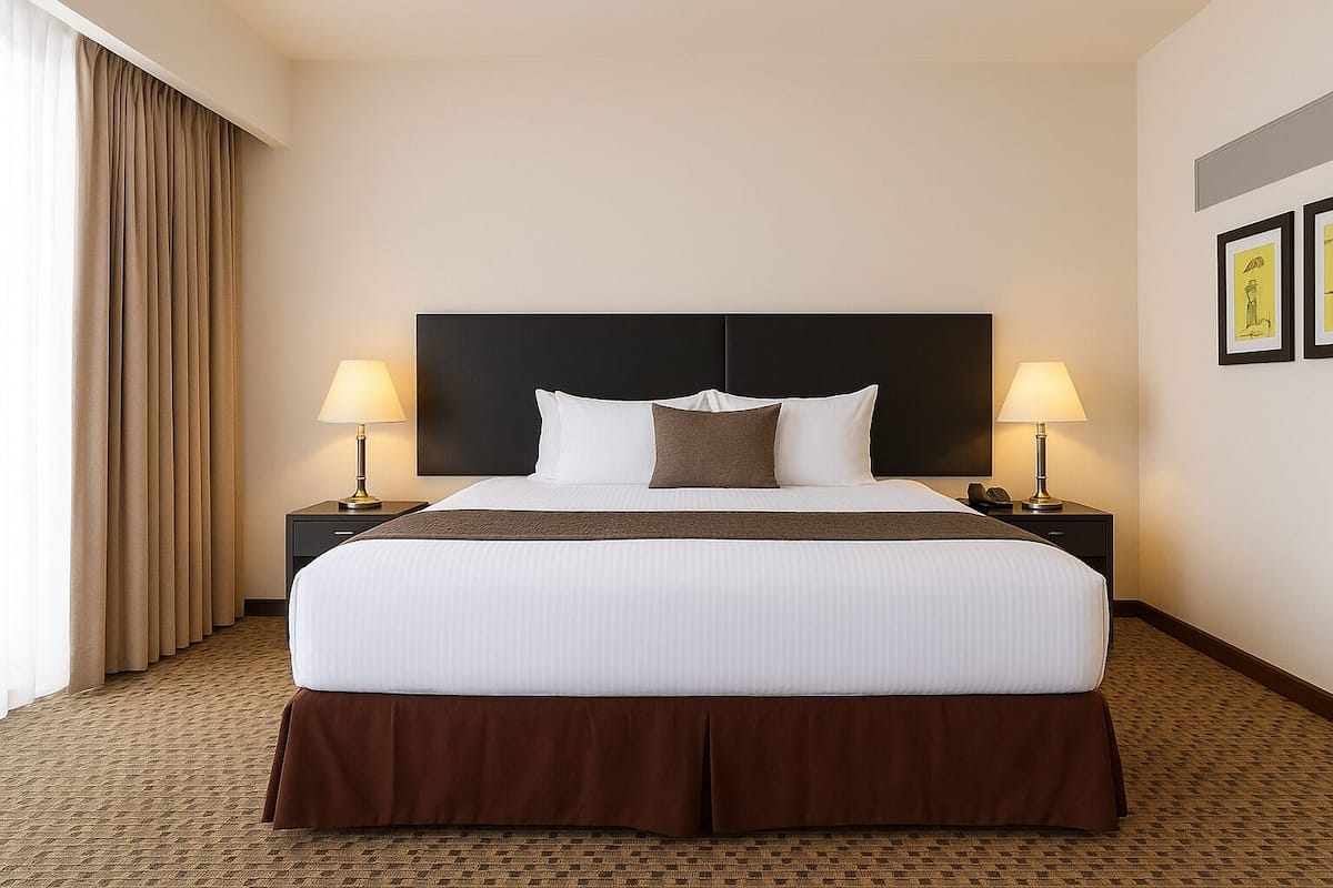 A hotel room with a large bed, two bedside tables with lamps, a headboard, and a carpeted floor.