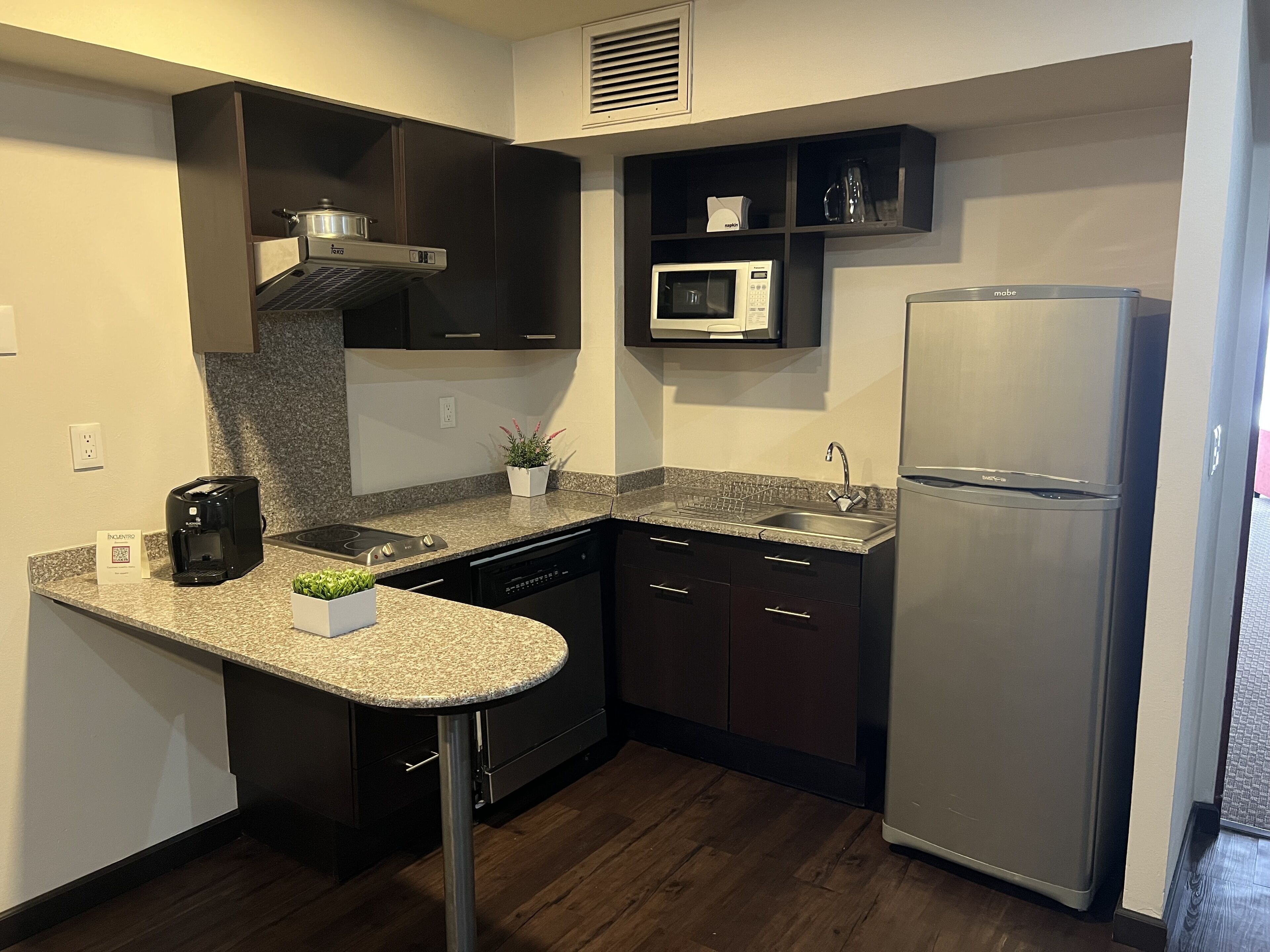 A compact kitchen with dark cabinets, a stainless steel refrigerator, a microwave, a coffee maker, and a small potted plant.