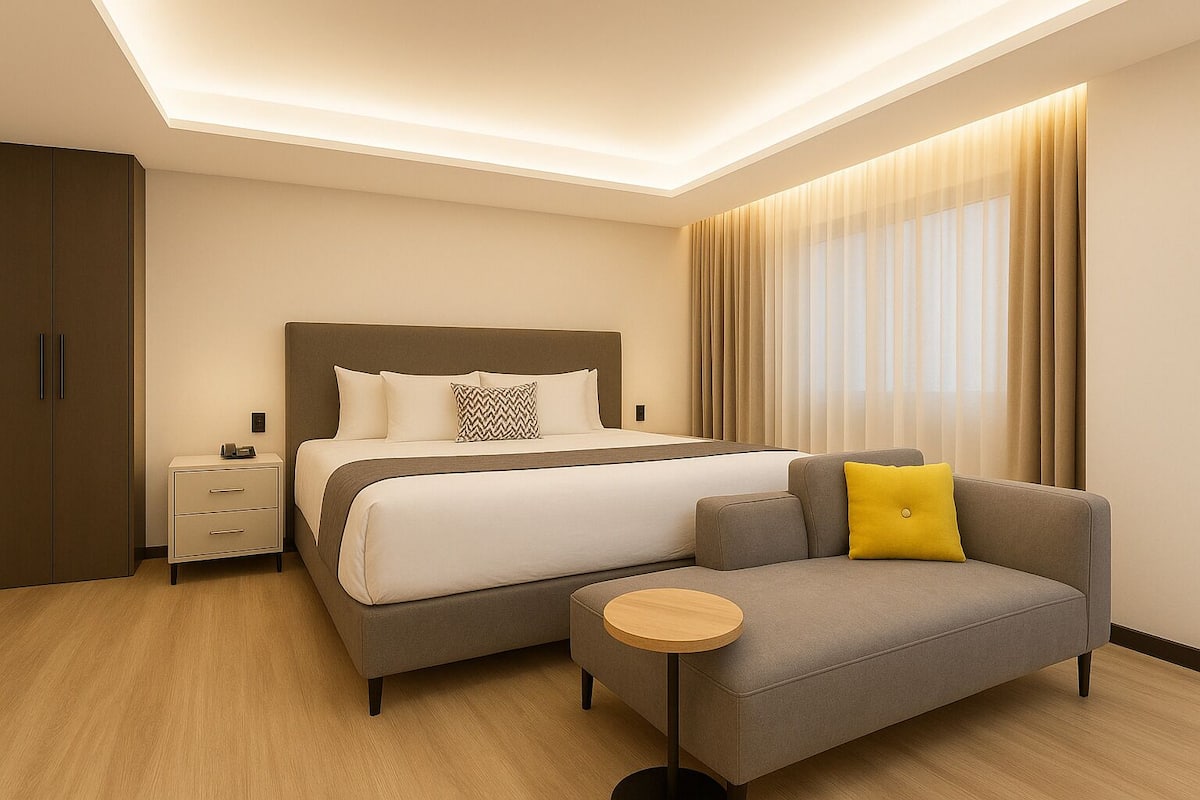 A modern hotel room with a large bed, a grey sofa, a small round table, and a wardrobe.