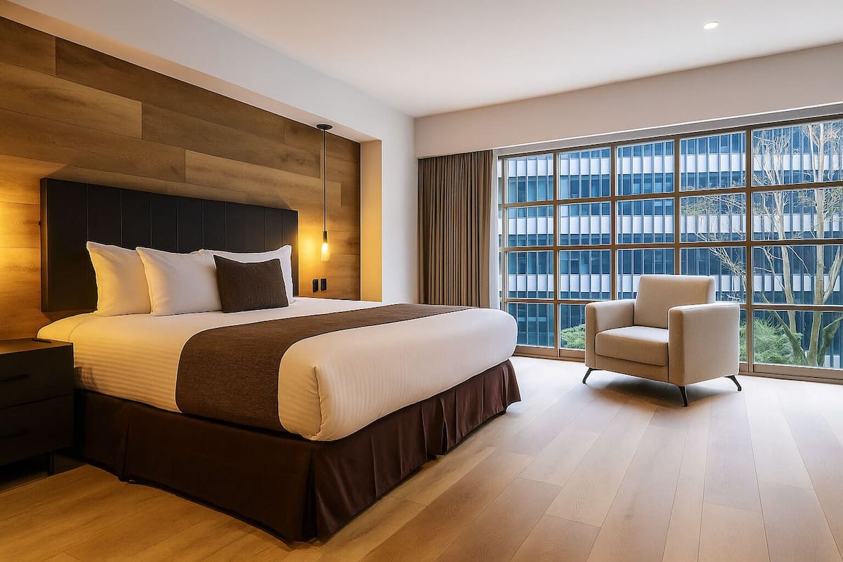 A modern hotel room with a large bed, a nightstand, a chair, and a large window with a city view.