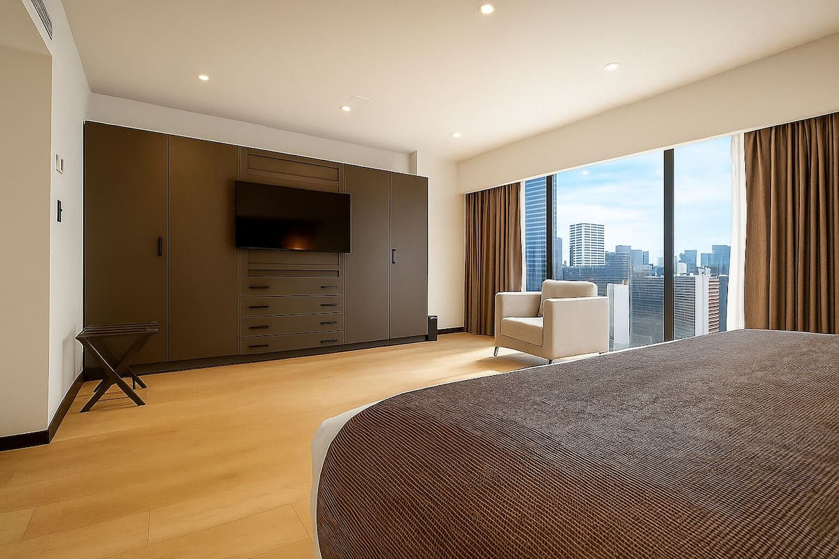A modern hotel room with a large bed, a seating area with a chair, a wardrobe, and a city view through the window.