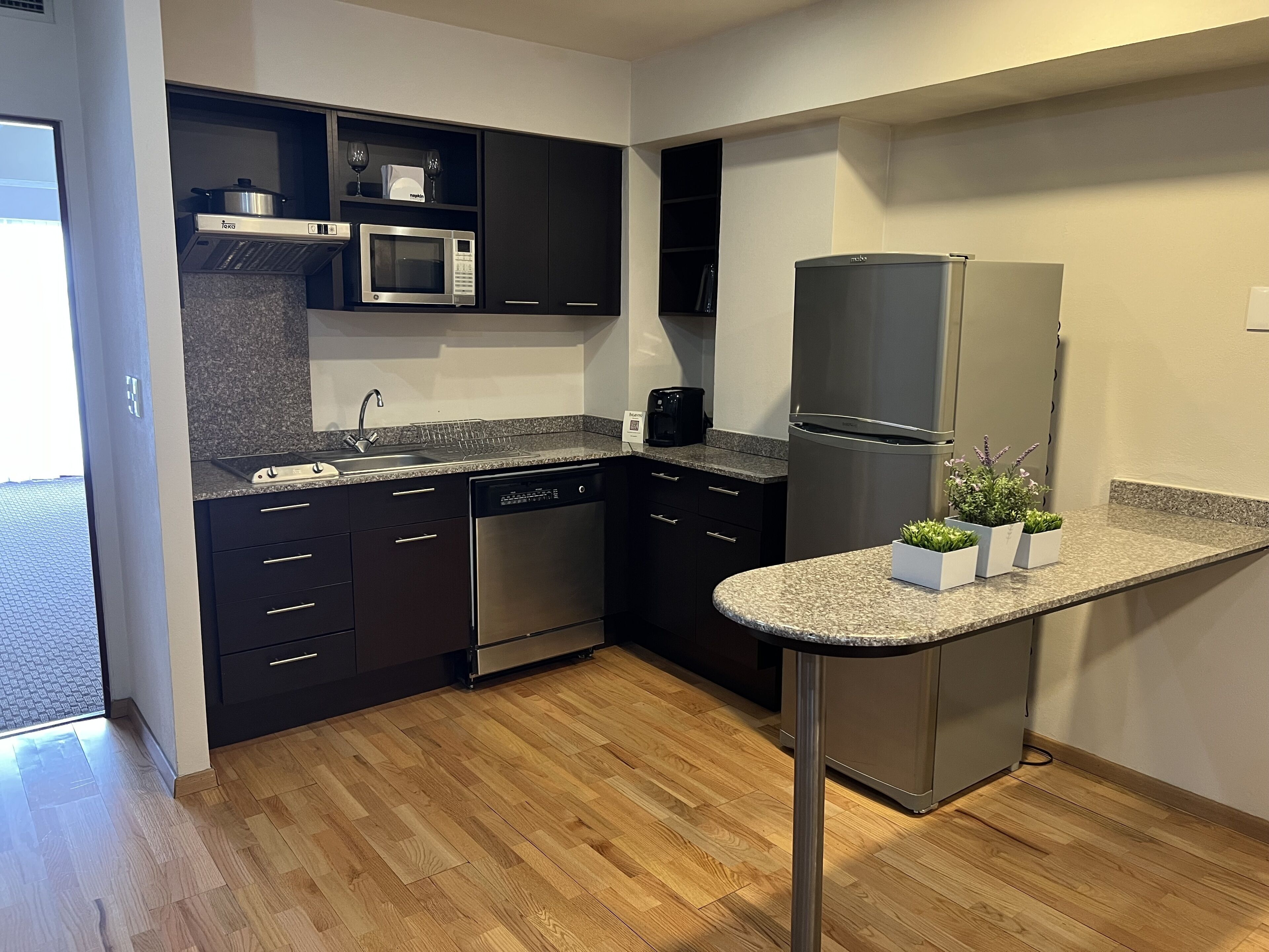 Una cocina moderna con armarios oscuros, un refrigerador de acero inoxidable, un microondas y un lavavajillas. Hay dos pequeñas macetas con plantas sobre la encimera.