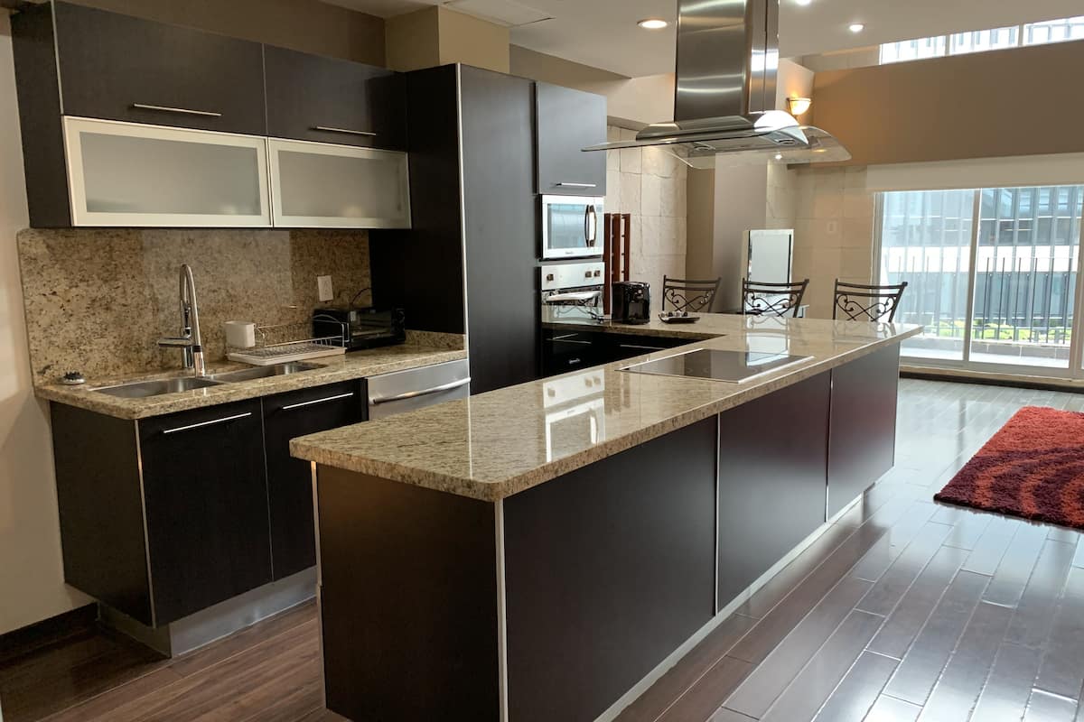 full-sized fridge, microwave, stovetop, dishwasher