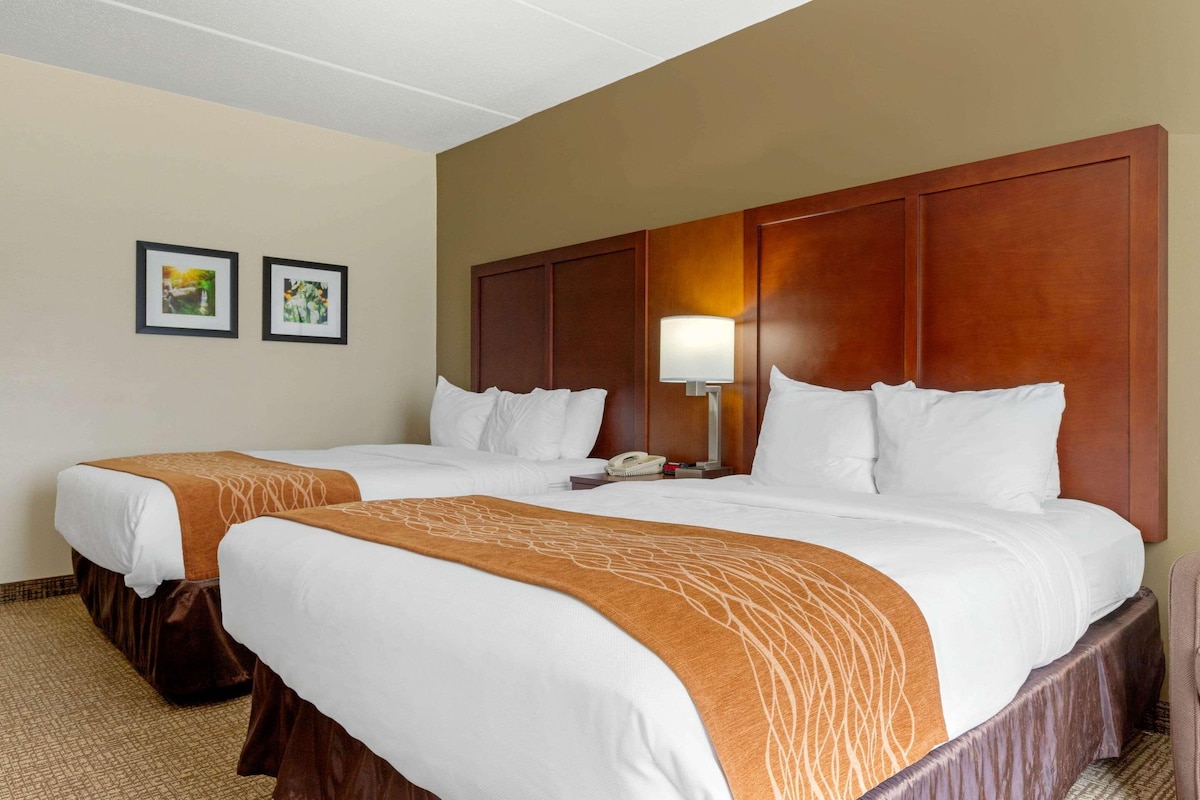 Een hotelkamer met twee bedden, een houten hoofdbord, een bedlampje en twee ingelijste foto's aan de muur.