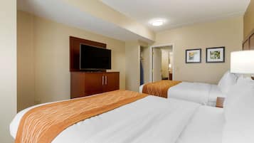 Habitación de hotel con dos camas, un televisor, un armario y dos cuadros en la pared.
