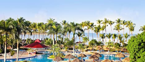 Outdoor pool, pool umbrellas, pool loungers