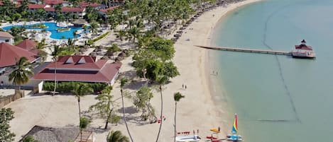 On the beach, sun-loungers, beach umbrellas, beach towels