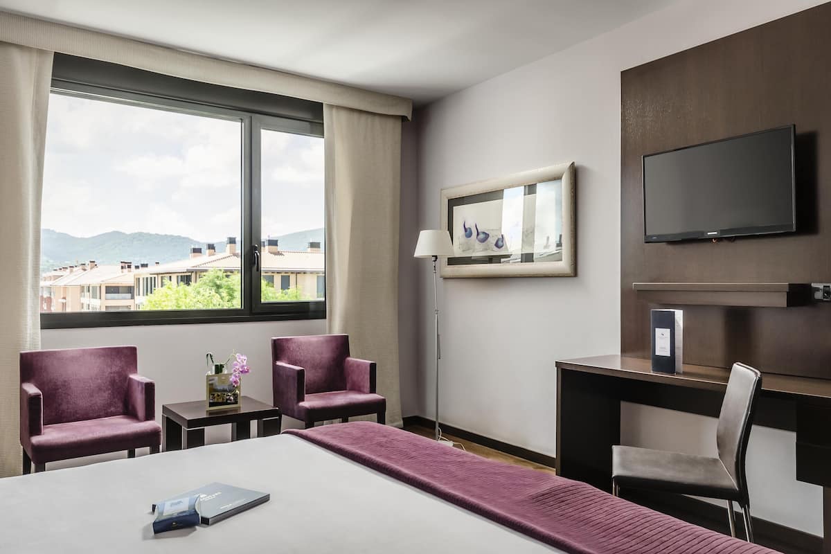 Hotelkamer met een bed, twee fauteuils, een bureau, een televisie en een groot raam met uitzicht over de stad.