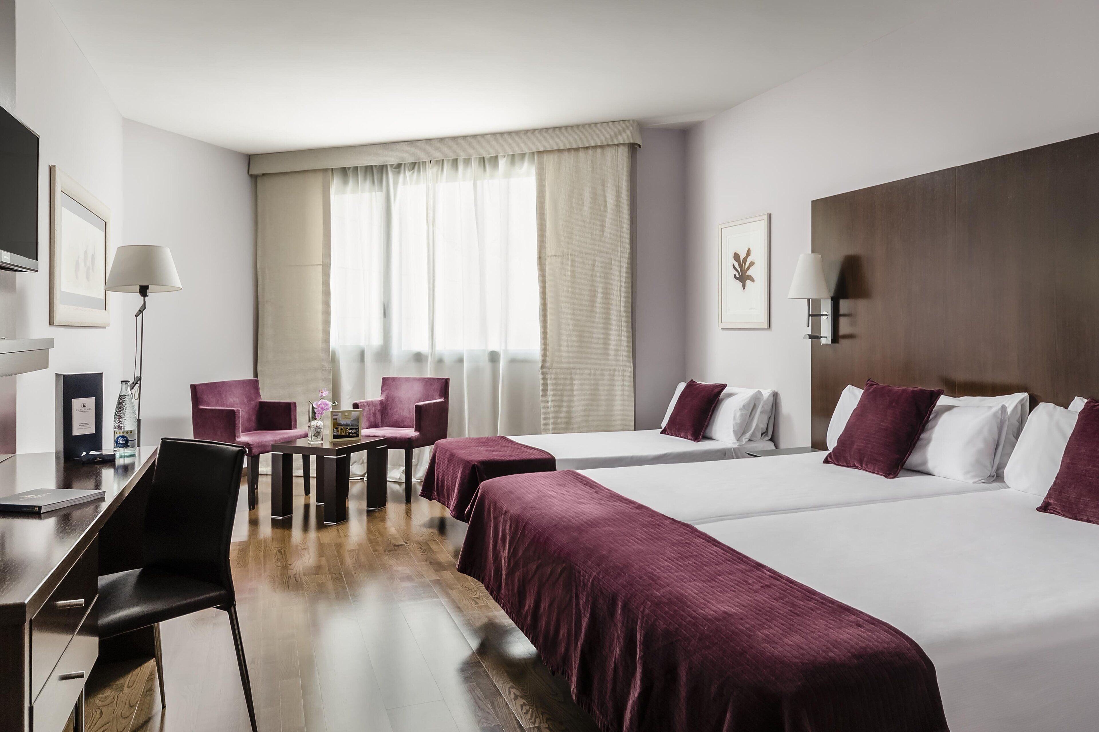 Habitación de hotel con dos camas, un escritorio, una silla, un televisor y una ventana con cortinas.