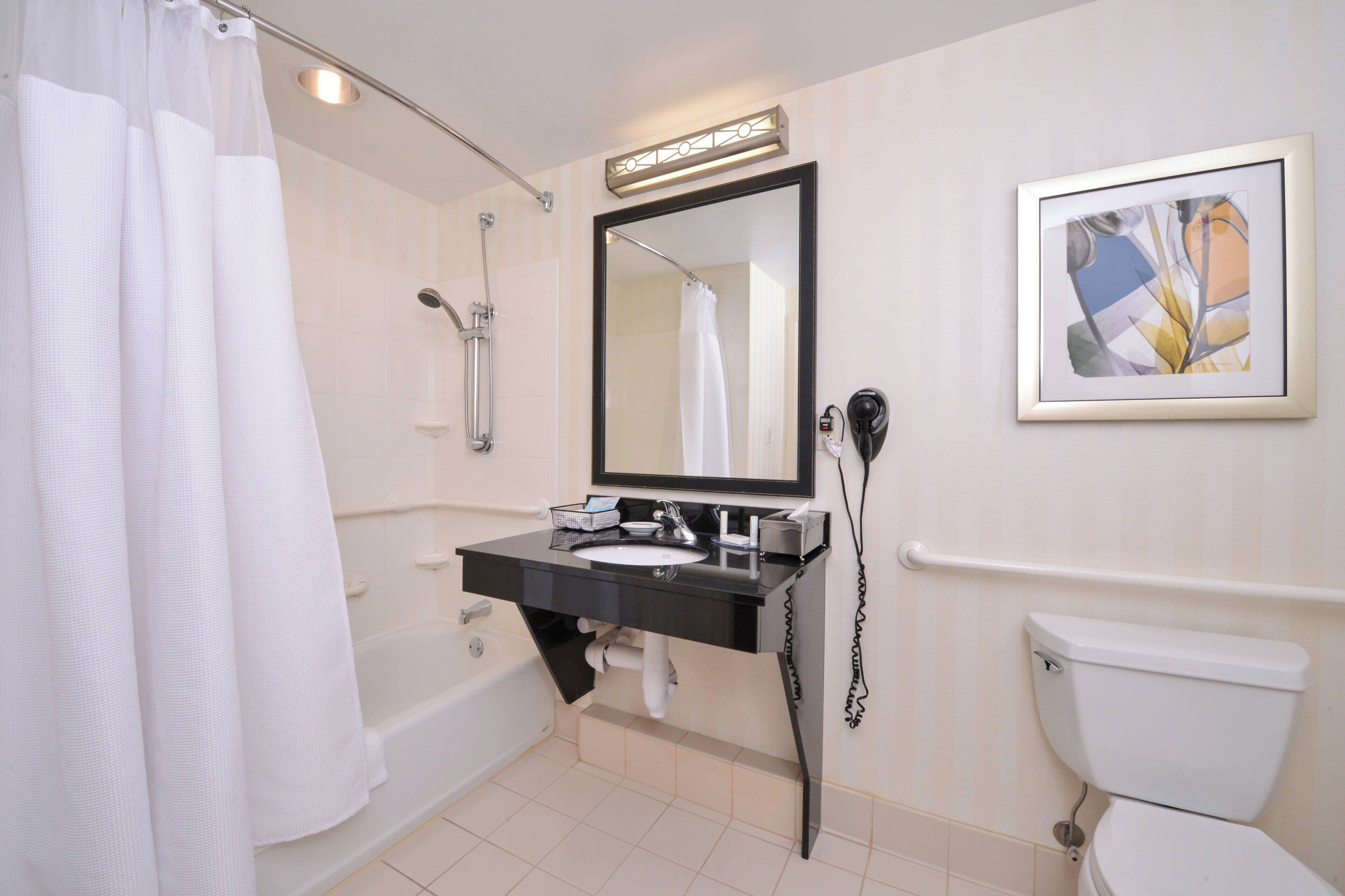 combined shower/bathtub, free toiletries, hair dryer, towels