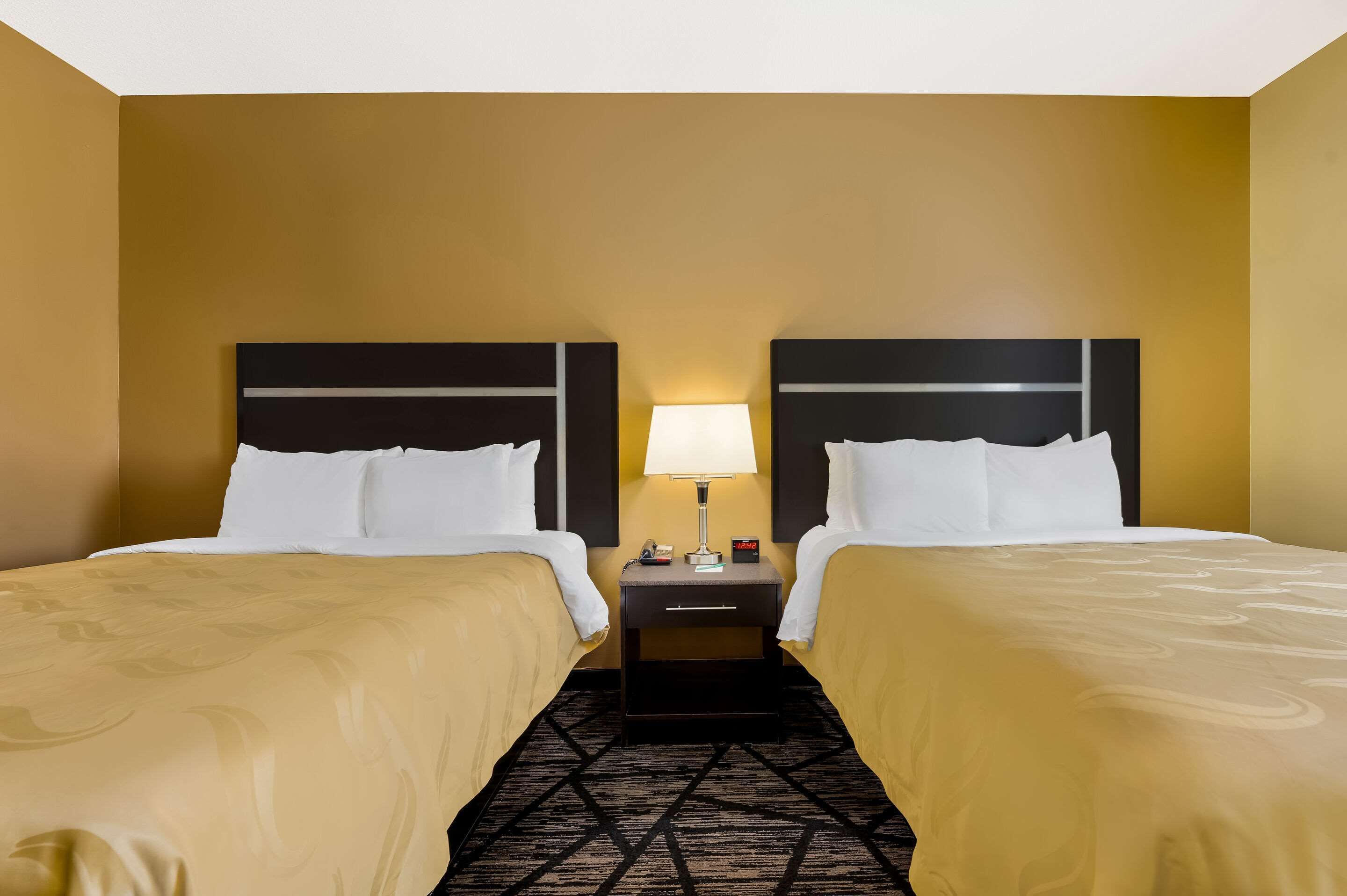 A hotel room with two beds, a nightstand with a lamp, and a patterned carpet.