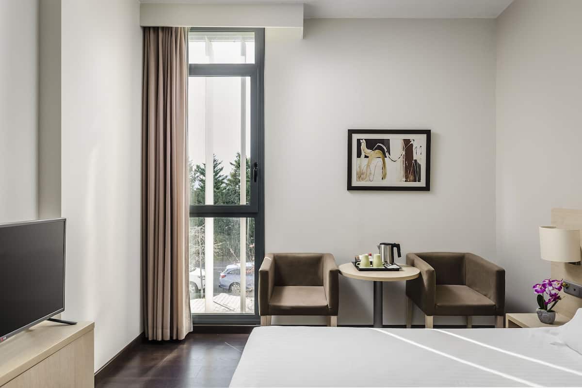 A hotel room with a bed, two armchairs, a small table with a lamp, a TV, and a window with curtains.