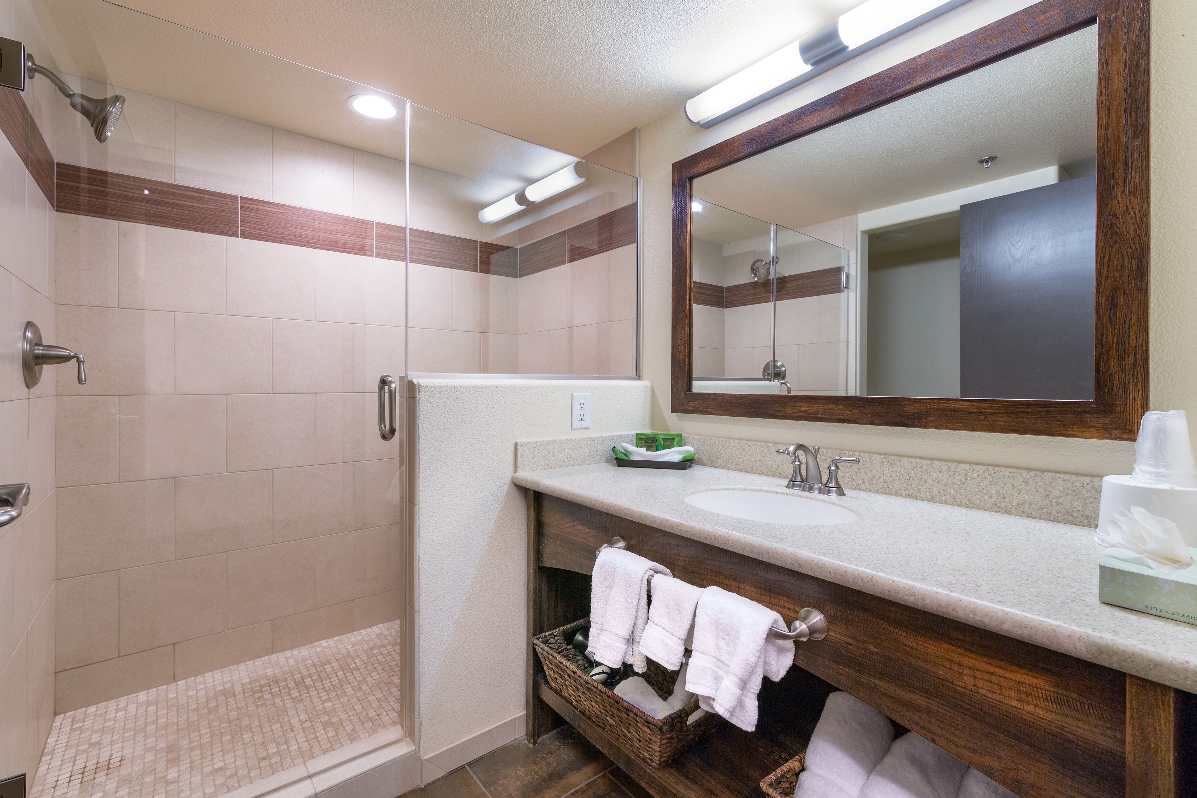 shower, free toiletries, hair dryer, towels