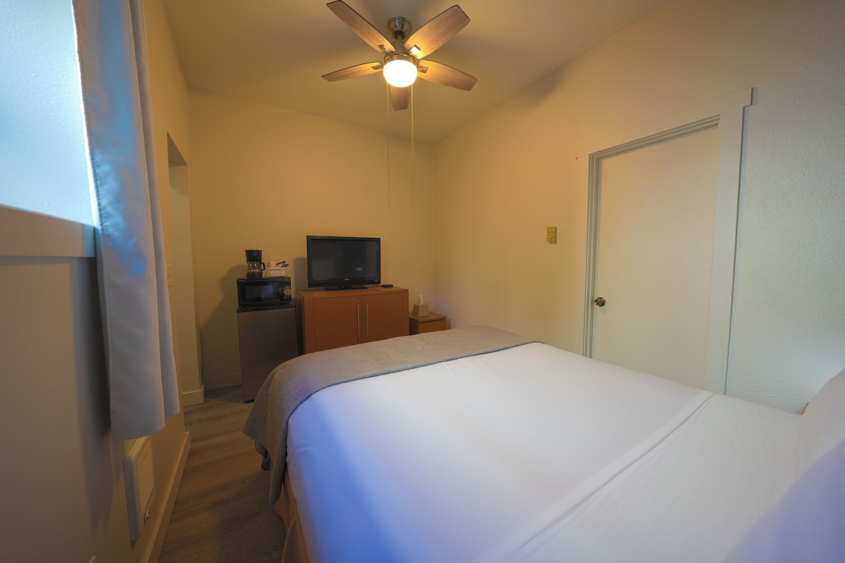 A hotel room with a bed, a television on a wooden cabinet, and a ceiling fan.