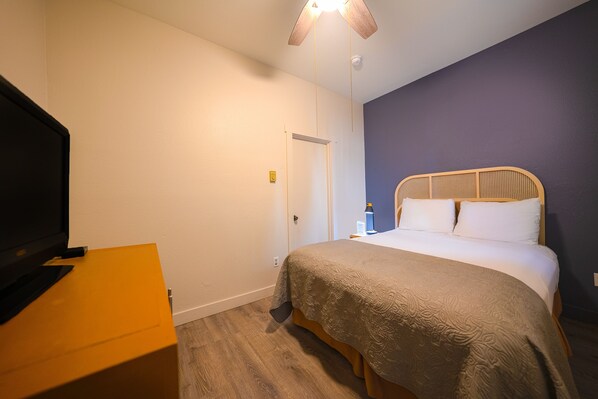 A bedroom with a bed, a television on a stand, and a door.