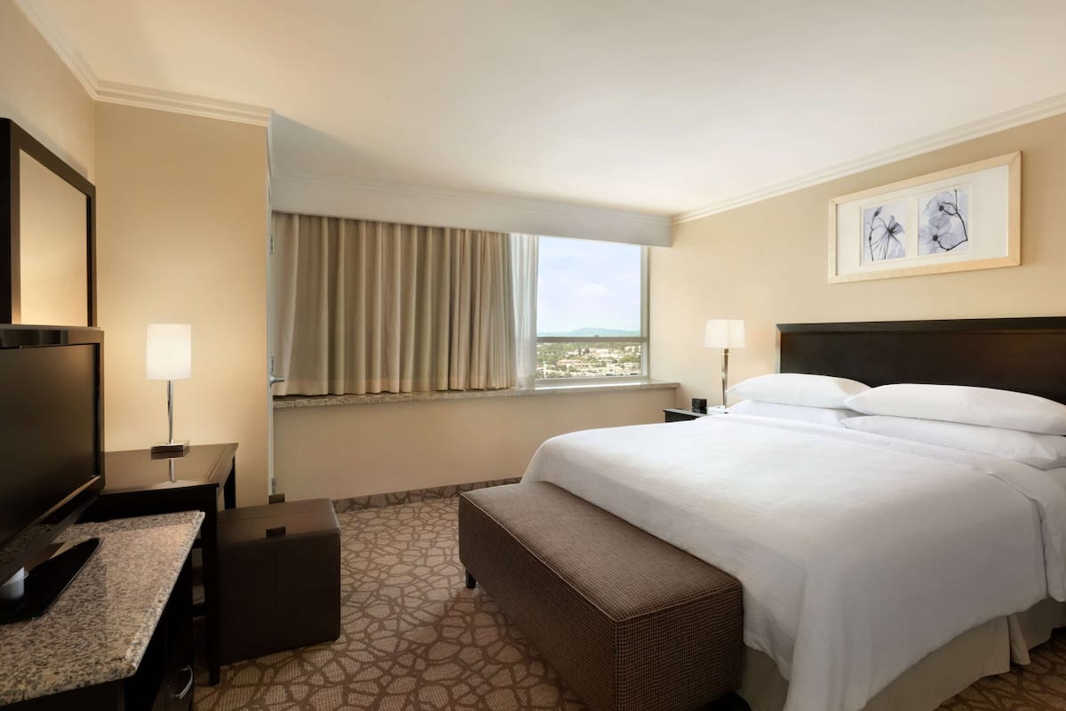 Een hotelkamer met een groot bed, een bureau met lamp, een televisie en een raam met gordijnen.