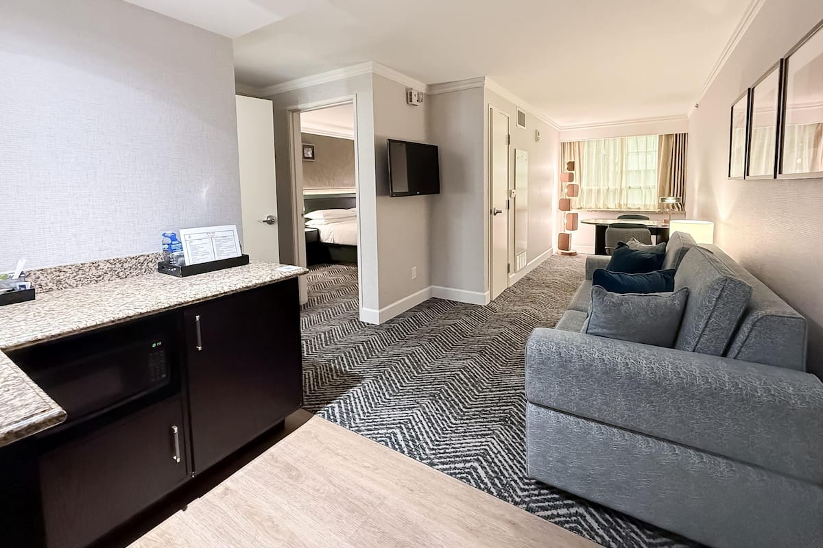 Een hotelkamer met een kitchenette, een bank, een bed, een televisie en een eethoek.