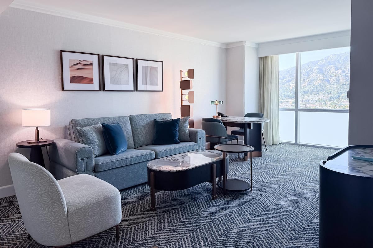 Hotelkamer met een bank, fauteuil, salontafel, bijzettafeltje en een zithoek met stoelen en een tafel.