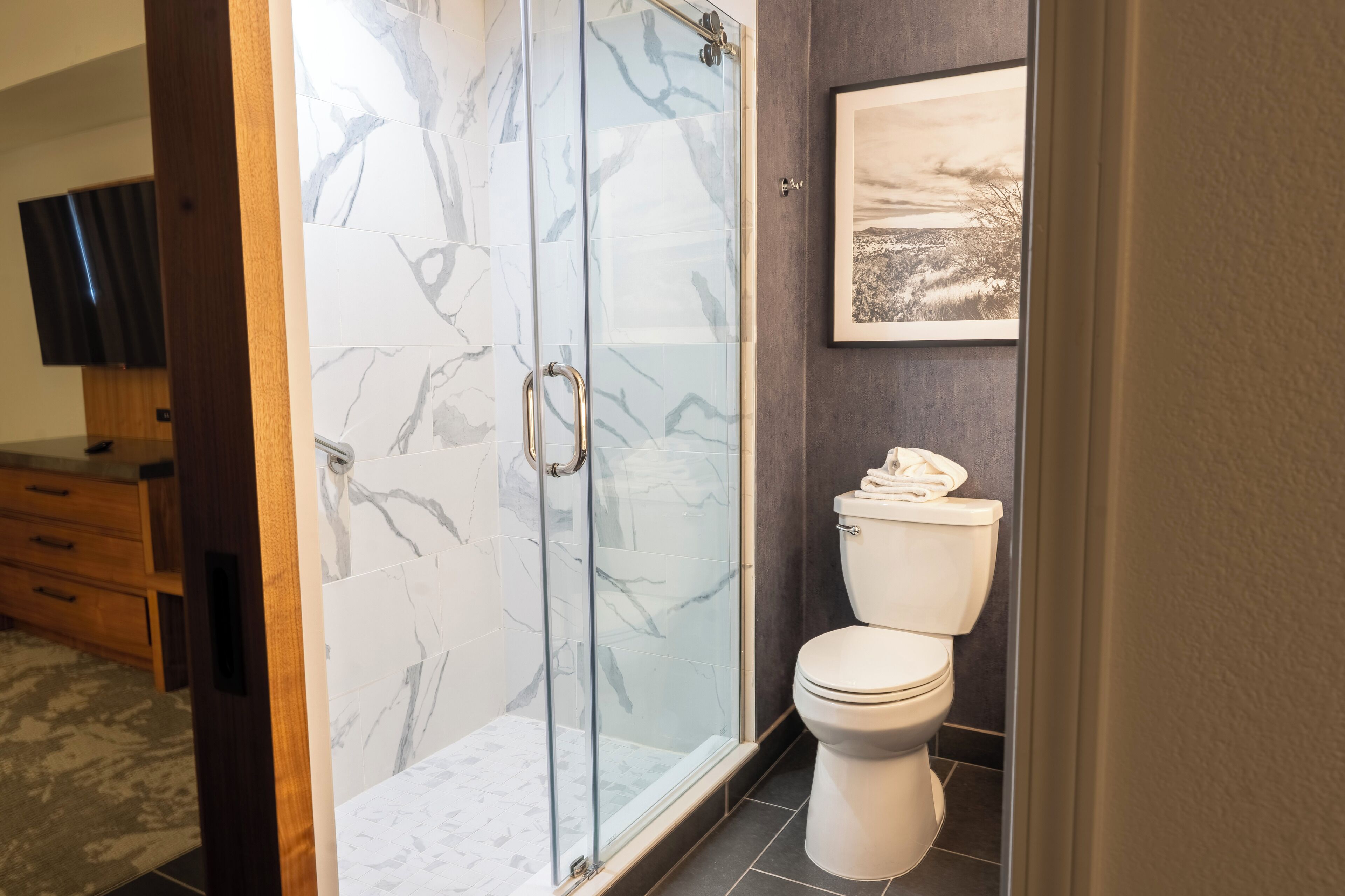 combined shower/bathtub, free toiletries, hair dryer, towels