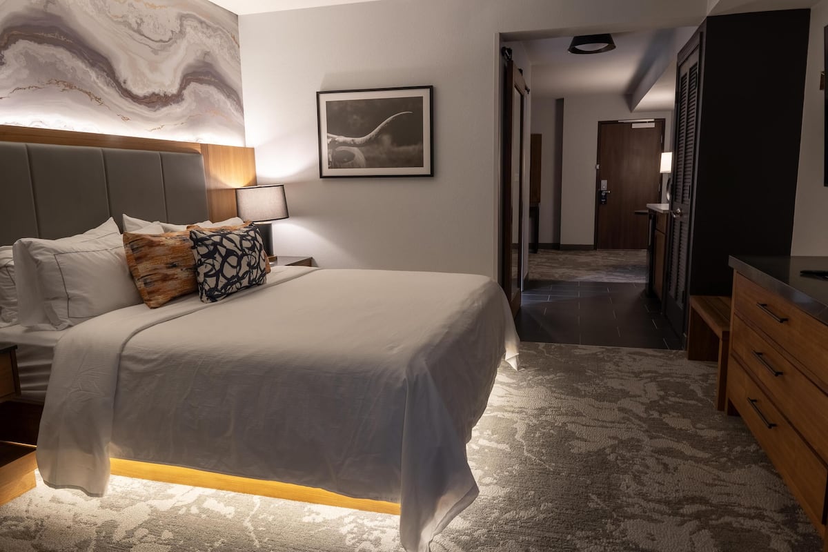 Une chambre à coucher moderne avec un grand lit, une tête de lit, une table de chevet avec une lampe, un tableau encadré au mur et un couloir menant à une porte.